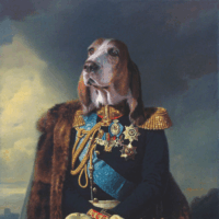 Portrait de chien bassethound en officier 100x70 cm