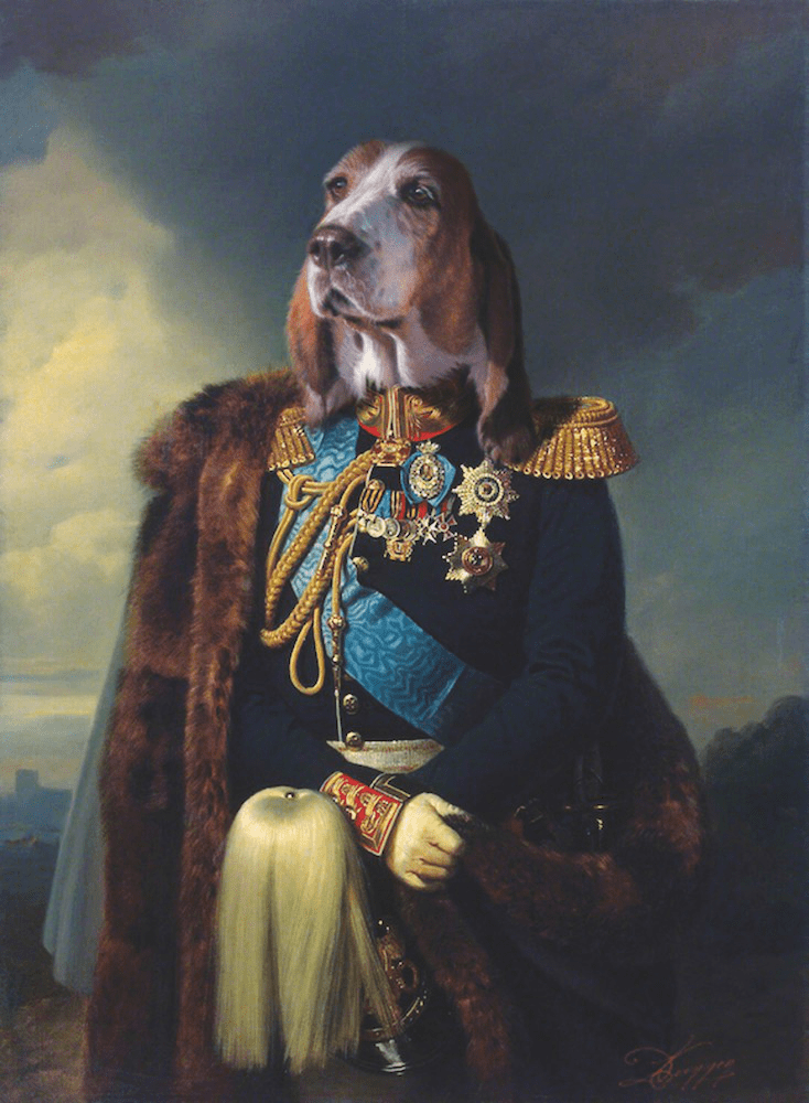Portrait de chien bassethound en officier 100x70 cm
